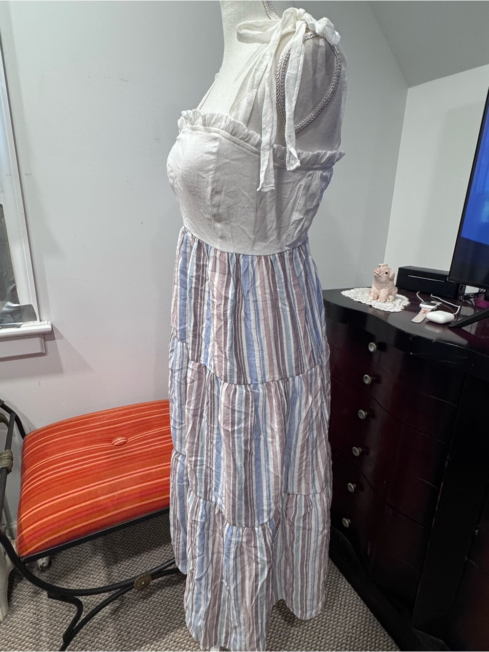 White Ruched Bodice Tiered Striped Maxi Dress - Picture 4 of 7